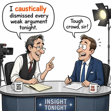 caustically (iğneleyici bir şekilde, alaycı ve sertçe) karikatürü — diyalogla bağlam içinde öğren