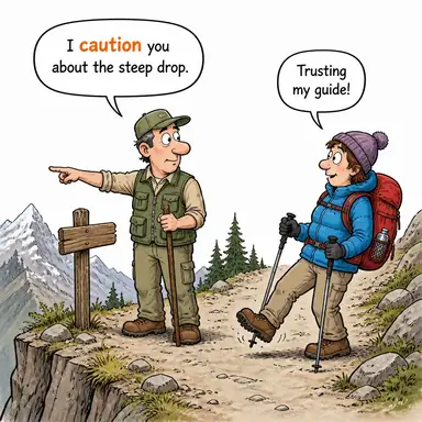 caution (uyarmak, ihtar etmek) karikatürü — diyalogla bağlam içinde öğren