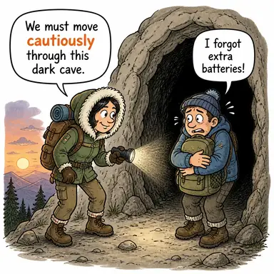 cautiously (temkinli bir şekilde, dikkatlice) karikatürü — diyalogla bağlam içinde öğren