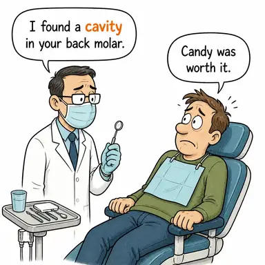 cavity (oyuk, boşluk, (diş) çürük) karikatürü — diyalogla bağlam içinde öğren