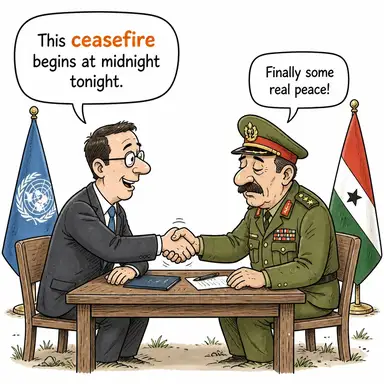 ceasefire (ateşkes) karikatürü — diyalogla bağlam içinde öğren