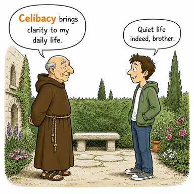 celibacy (bekârlık (özellikle dini sebeplerle), cinsel perhiz) karikatürü — diyalogla bağlam içinde öğren