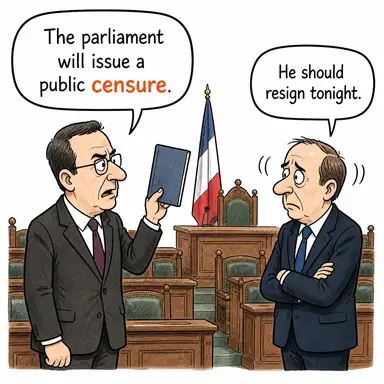 censure (kınama, sert eleştiri) karikatürü — diyalogla bağlam içinde öğren