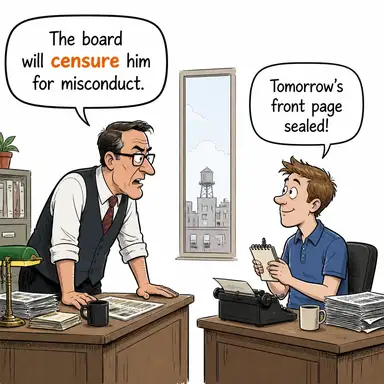 censure (kınamak, sertçe eleştirmek) karikatürü — diyalogla bağlam içinde öğren