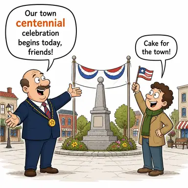 centennial (yüz yıllık, yüzüncü yıl dönümü) karikatürü — diyalogla bağlam içinde öğren