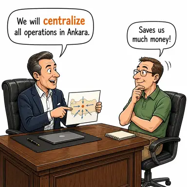 centralize (merkezileştirmek, tek elde toplamak) karikatürü — diyalogla bağlam içinde öğren
