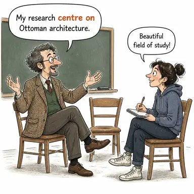 centre on (odaklanmak, merkeze almak, üzerinde yoğunlaşmak) karikatürü — diyalogla bağlam içinde öğren