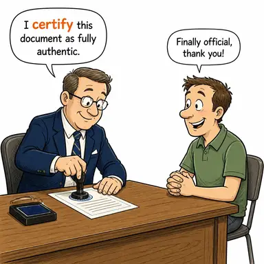 certify (onaylamak, tasdik etmek, belgelemek) karikatürü — diyalogla bağlam içinde öğren
