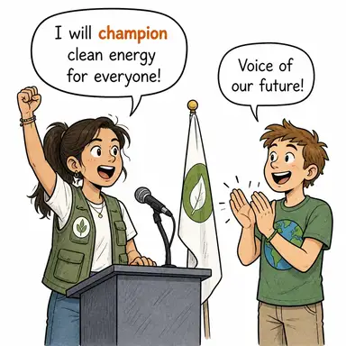 champion (savunmak, desteklemek, öncülük etmek) karikatürü — diyalogla bağlam içinde öğren