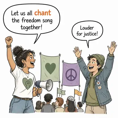 chant (slogan atmak, ilahi söylemek, tekdüze konuşmak) karikatürü — diyalogla bağlam içinde öğren