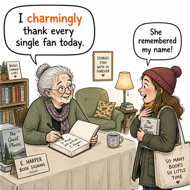 charmingly (hoş bir şekilde, büyüleyici biçimde) karikatürü — diyalogla bağlam içinde öğren