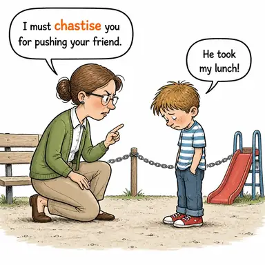 chastise (cezalandırmak, sertçe eleştirmek) karikatürü — diyalogla bağlam içinde öğren
