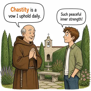 chastity (iffet, namus, saflık) karikatürü — diyalogla bağlam içinde öğren