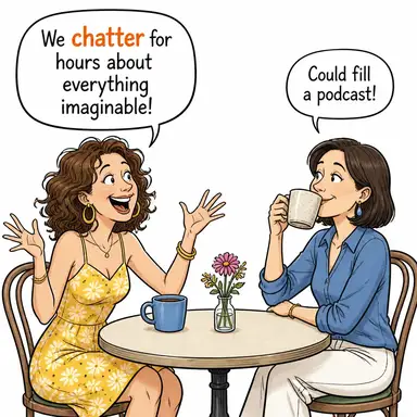 chatter (gevezelik etmek, çene çalmak; (diş/makine) takırdamak) karikatürü — diyalogla bağlam içinde öğren