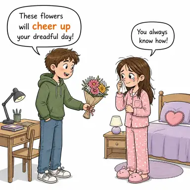 cheer up (neşelenmek, neşelendirmek, moral vermek) karikatürü — diyalogla bağlam içinde öğren