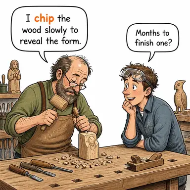 chip (yontmak, (kenarından) kırmak; çip, yonga) karikatürü — diyalogla bağlam içinde öğren