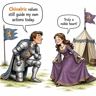 chivalric (şövalyece, mert, centilmen) karikatürü — diyalogla bağlam içinde öğren