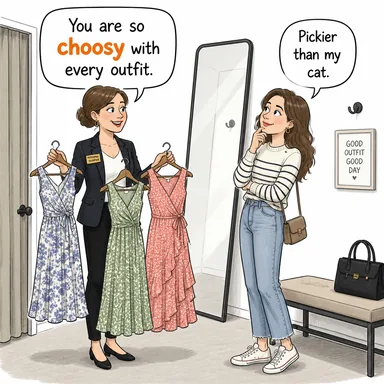 choosy (seçici, müşkülpesent, titiz) karikatürü — diyalogla bağlam içinde öğren