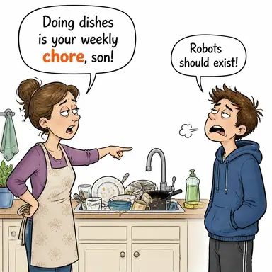 chore (gündelik iş, ev işi, angarya) karikatürü — diyalogla bağlam içinde öğren