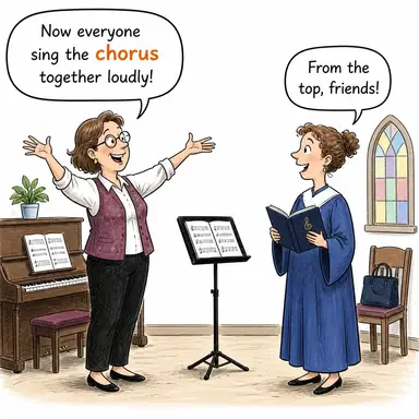 chorus (koro, nakarat) karikatürü — diyalogla bağlam içinde öğren