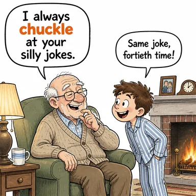 chuckle (kıkırdamak, kendi kendine gülmek) karikatürü — diyalogla bağlam içinde öğren