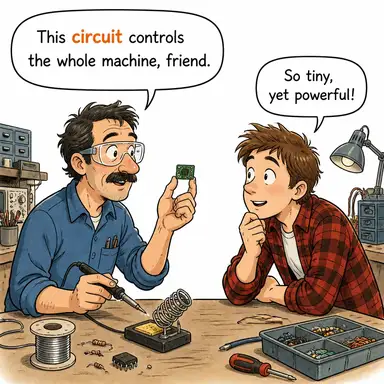 circuit (devre, dolaşım, pist) karikatürü — diyalogla bağlam içinde öğren