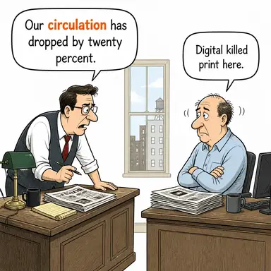 circulation (dolaşım, (gazete/dergi için) tiraj) karikatürü — diyalogla bağlam içinde öğren