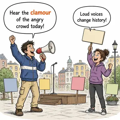 clamour (gürültü, haykırış, toplu ve yüksek sesli talep) karikatürü — diyalogla bağlam içinde öğren
