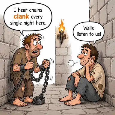 clank (şıngırdamak, metal sesi çıkarmak) karikatürü — diyalogla bağlam içinde öğren