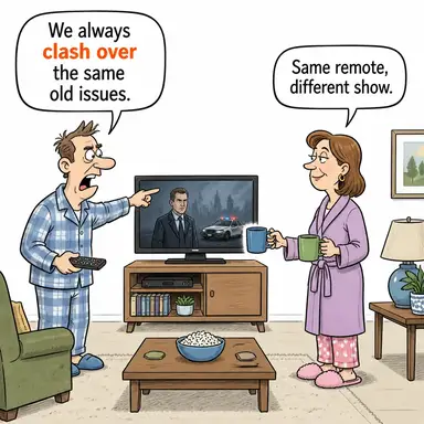clash over (üzerine çatışmak, anlaşmazlığa düşmek) karikatürü — diyalogla bağlam içinde öğren