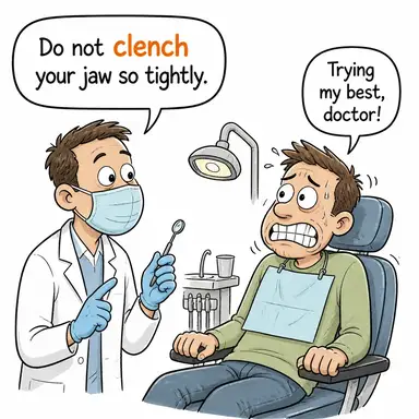 clench ((diş/yumruk) sıkmak, kenetlemek) karikatürü — diyalogla bağlam içinde öğren