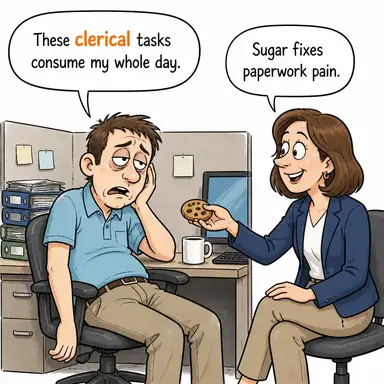 clerical (büro işine ait, katiplikle ilgili; ruhani) karikatürü — diyalogla bağlam içinde öğren