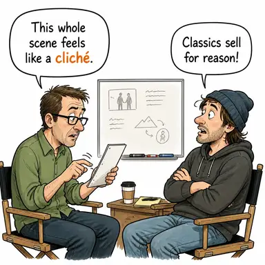cliché (klişe, basmakalıp söz) karikatürü — diyalogla bağlam içinde öğren