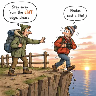 cliff (yalıyar, sarp kayalık, uçurum kenarı) karikatürü — diyalogla bağlam içinde öğren