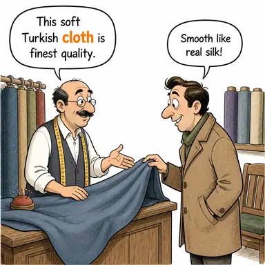cloth (kumaş, bez) karikatürü — diyalogla bağlam içinde öğren