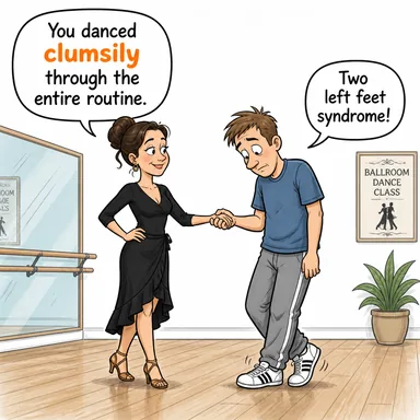 clumsily (acemice, sakarca) karikatürü — diyalogla bağlam içinde öğren
