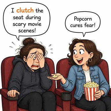 clutch (sımsıkı tutmak, kavramak; debriyaj) karikatürü — diyalogla bağlam içinde öğren