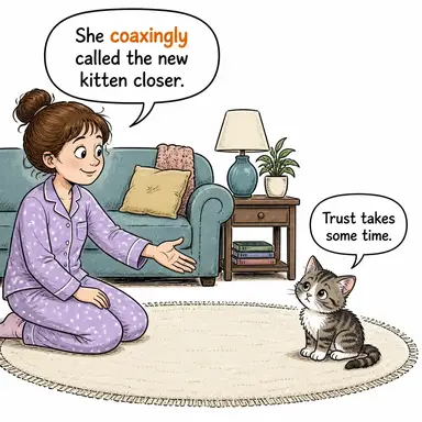 coaxingly (tatlılıkla kandırarak, ikna edici bir şekilde) karikatürü — diyalogla bağlam içinde öğren