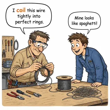 coil (sarmak, dolamak; bobin, kangal) karikatürü — diyalogla bağlam içinde öğren