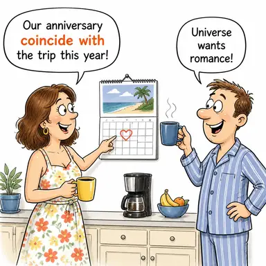 coincide with (ile aynı zamana denk gelmek, uyuşmak) karikatürü — diyalogla bağlam içinde öğren
