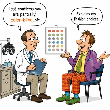 color-blind (renk körü) karikatürü — diyalogla bağlam içinde öğren