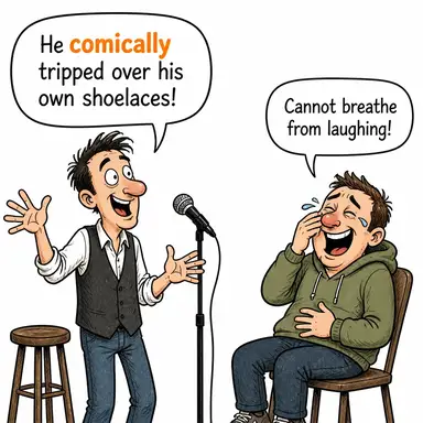 comically (gülünç bir halde, komikçe) karikatürü — diyalogla bağlam içinde öğren