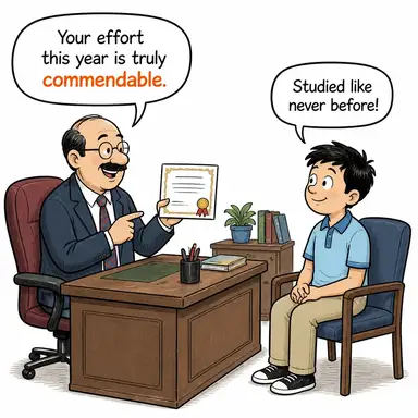 commendable (övgüye değer, takdire şayan) karikatürü — diyalogla bağlam içinde öğren