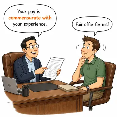 commensurate with (ile orantılı, denk, uygun) karikatürü — diyalogla bağlam içinde öğren