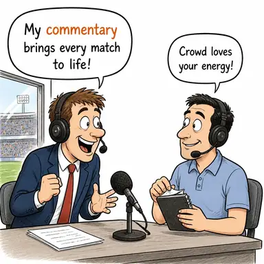commentary (yorum, canlı anlatım (maç vb.), şerh) karikatürü — diyalogla bağlam içinde öğren
