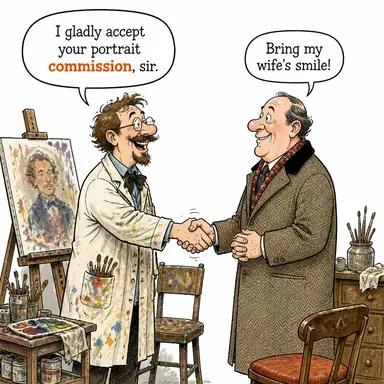 commission (görevlendirmek, sipariş etmek; komisyon, kurul) karikatürü — diyalogla bağlam içinde öğren