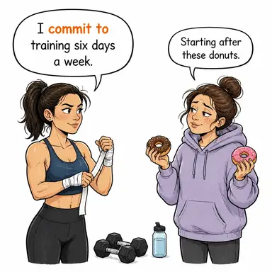commit to (kendini adamak, taahhüt etmek) karikatürü — diyalogla bağlam içinde öğren