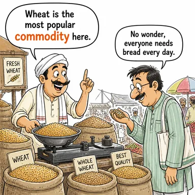 commodity (ticari mal, hammadde, meta) karikatürü — diyalogla bağlam içinde öğren