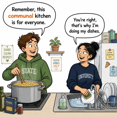 communal (toplumsal, ortaklaşa, müşterek) karikatürü — diyalogla bağlam içinde öğren