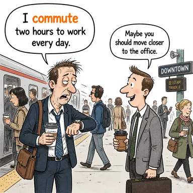 commute ((ev ile iş arasında) gidip gelmek; (cezayı) hafifletmek) karikatürü — diyalogla bağlam içinde öğren